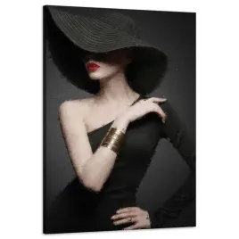 obraz-na-plotnie-elegancka-kobieta-czarny-kapelusz-czerwone-usta-60x90-cm