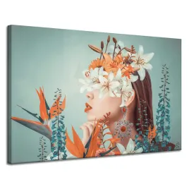 obraz-na-plotnie-kobieta-kwiaty-liscie-przyroda-120x80-cm