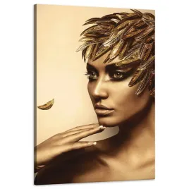 obraz-na-plotnie-zamyslona-kobieta-zlote-kolory-piora-60x90-cm
