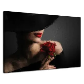 obraz-na-plotnie-kobieta-z-czerwona-roza-czerwone-usta-elegancja-120x80-cm