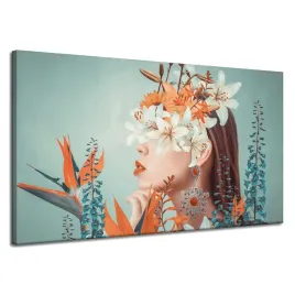 obraz-na-plotnie-kobieta-kwiaty-liscie-przyroda-120x70-cm