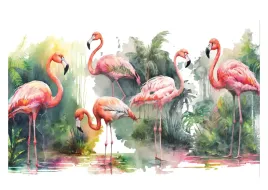 fototapeta-flamingi-liscie-zielone-natura-zwierzeta-akwarela-254x184