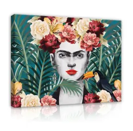 obraz-na-plotnie-frida-kahlo-liscie-kwiaty-120x80