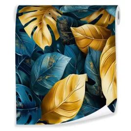 tapeta-liscie-zlote-tropikalne-na-flizelinie-sciane-salon-sypialnia