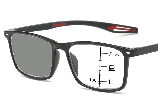 Okulary progresywne fotochrom sportowe czarno-czerwone +0 DAL, +1.5 BLIŻ