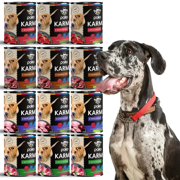 PAKO karma mokra puszka psa MIX 4 SMAKÓW MIĘSO Z POLSKI 12 X 800