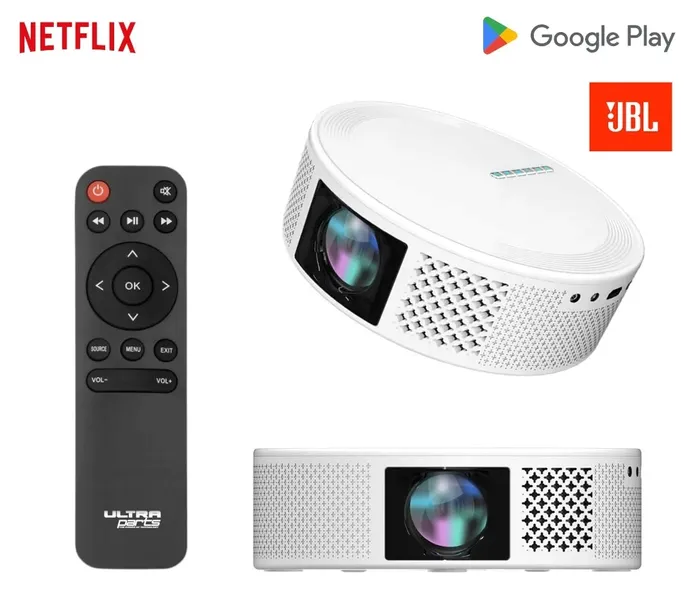 MOCNY PROJEKTOR 4K Funkcja SMART TV BOX ANDROID Wbudowany głośnik JBL Wi-Fi