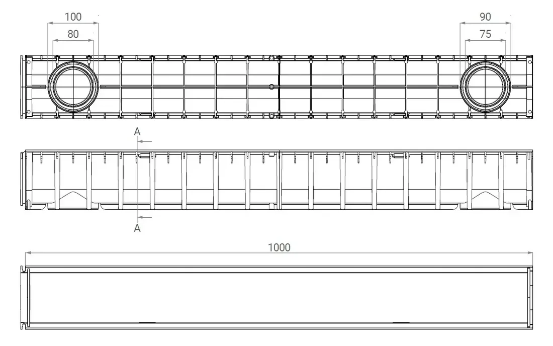 odwodnienie-liniowe-kanal-1m-h100-b125-koryto-plastik-ruszt-zeliwo-125t