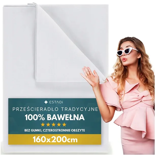 Prześcieradło bez Gumki Tradycyjne 160x200 cm Bawełniane Polskie - Białe