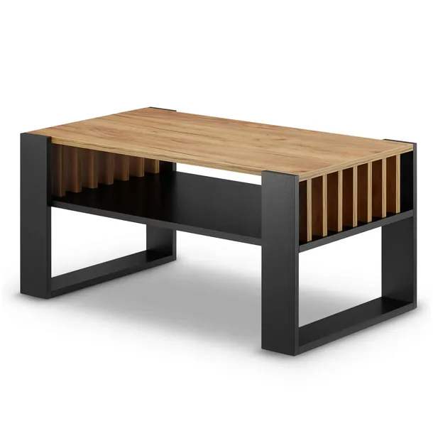 Stolik kawowy lamele | Nowoczesna Ława z półką | Czarny Dąb | 92CM |