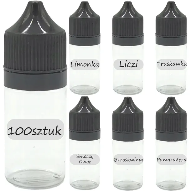 BUTELKA BUTELKI PLASTIKOWE 30ML 100SZT + ETYKIETY