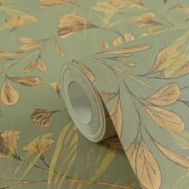 tapeta-winylowa-na-flizelinie-zmywalna-ginko-zlote-liscie-milorzebu-zielona