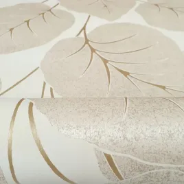 tapeta-winylowa-na-flizeline-scienna-bezowe-liscie-ze-zlotym-polyskiem