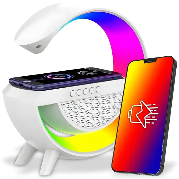 LAMPKA RGB LED GŁOŚNIK BLUETOOTH RADIO FM ŁADOWARKA INDUKCYJNA NA BIURKO