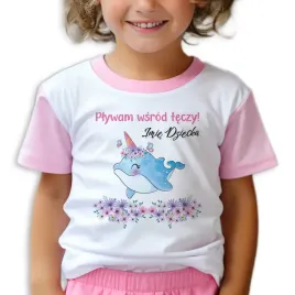 pizama-rozowa-krotki-rekaw-plywam-wsrod-teczy-imie-dziecka-rozmiar-122-cm