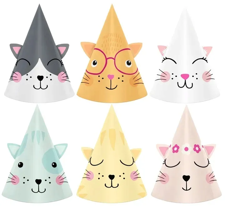 czapeczki-urodzinowe-kotki-czapki-na-glowe-imprezowe-kotek-kot-gadzety-6szt