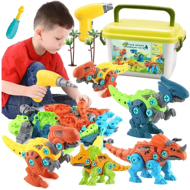 DINOZAURY DO SKRĘCANIA z wkrętarką na baterie Zestaw 4 FIGURKI kuferek