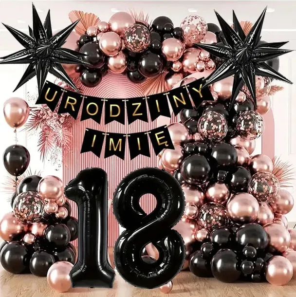 ŚCIANKA BALONY ZESTAW BALONÓW NA OSIEMNASTKĘ URODZINY+IMIĘ GOLD ROSE 77SZT
