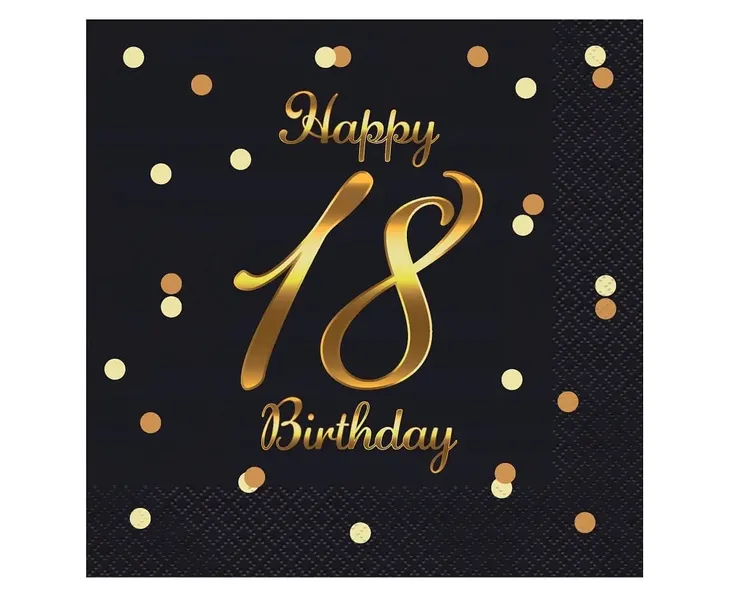 SERWETKI HAPPY 18 BIRTHDAY CZARNE NADRUK ZŁOTY 33X33CM 20SZT