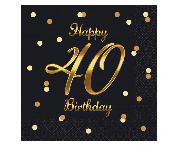 SERWETKI HAPPY 40 BIRTHDAY CZARNE NADRUK ZŁOTY 20 NA 40 URODZINY