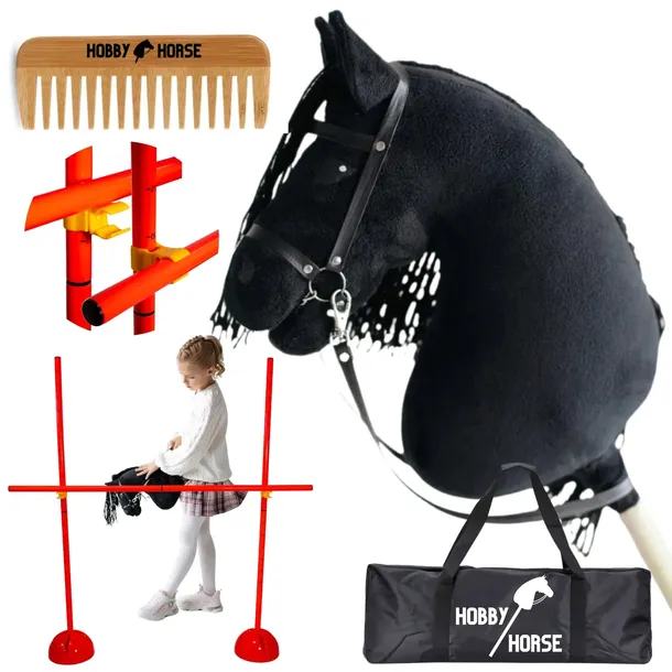 ZESTAW HOBBY HORSE KOŃ NA KIJU A3 + PRZESZKODA DO SKAKANIA 120CM + GRZEBIEŃ