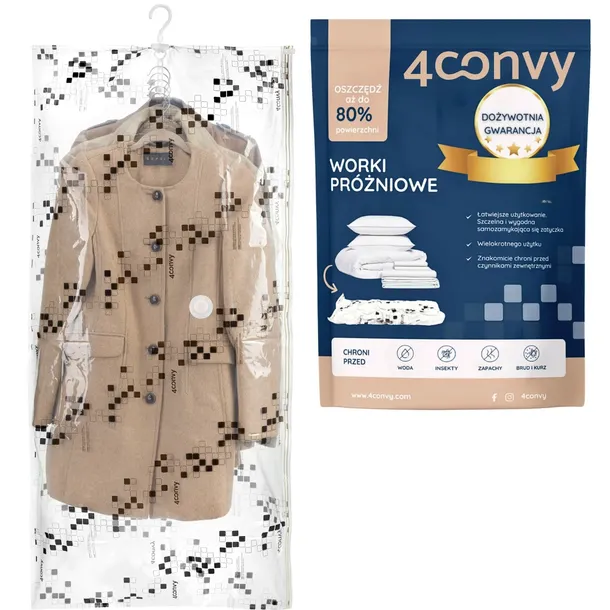 4CONVY Wiszący worek próżniowy na ubrania z wieszakiem 70x140 5ubrań duży