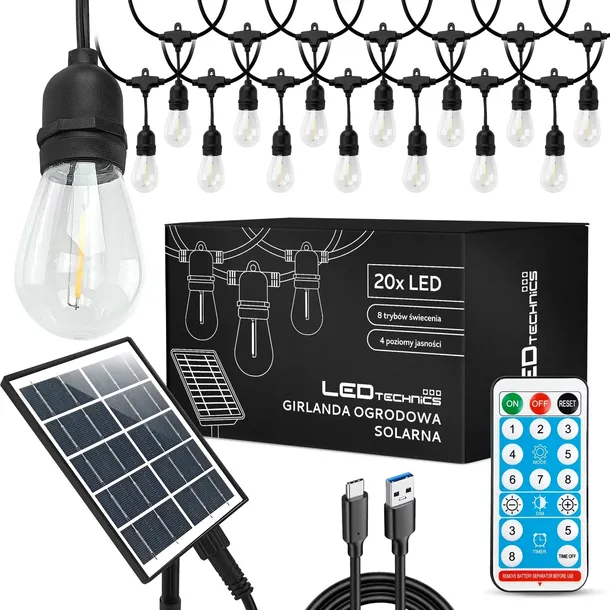 Girlanda Solarna Ogrodowa Zewnętrzna 20m 20x Żarówka LED Lampki Na Pilot