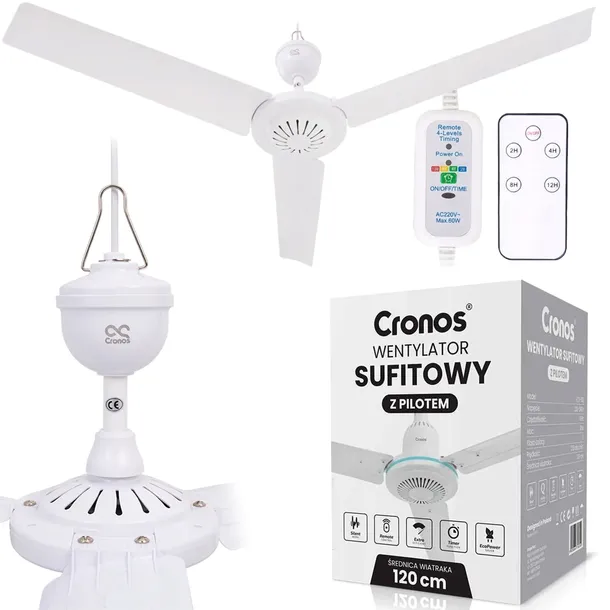 WENTYLATOR SUFITOWY Z WIATRAKIEM CICHY BIAŁY WIATRAK 90cm + PILOT TIMER