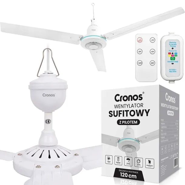 WENTYLATOR SUFITOWY Z WIATRAKIEM CICHY BIAŁY WIATRAK 120cm + PILOT TIMER