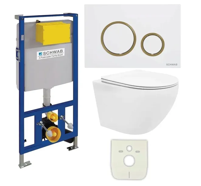 STELAŻ WC SCHWAB +misa WC rimless+deska wolnoopadająca+PRZYCISK BIAŁO ZŁOTY
