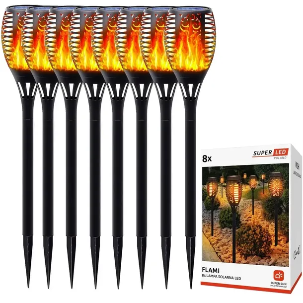 8x Lampa ogrodowa solarna LED LATARNIA POCHODNIA WBIJANA płomień