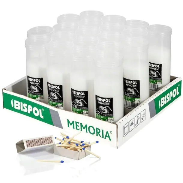 WKŁADY DO ZNICZY 20SZT BISPOL MEMORIA P200 PARAFINOWA 15,5CM 52H + ZAPAŁKI
