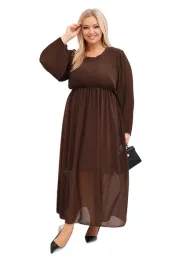 brazowa-sukienka-plisowana-damska-plus-size-z-wiskozy-i-dlugim-rekawem