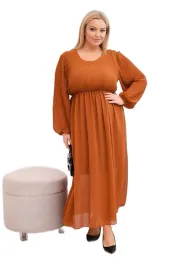camelowa-sukienka-plisowana-damska-plus-size-z-wiskozy-i-dlugim-rekawem
