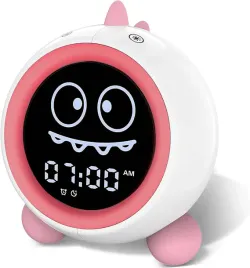 rozowy-budzik-dla-dzieci-lampka-nocna-w-ksztalcie-dinozaura