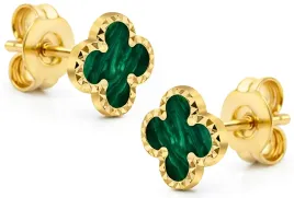 damskie-zlote-diamentowane-kolczyki-mini-koniczynki-z-malachitem-14kt-585