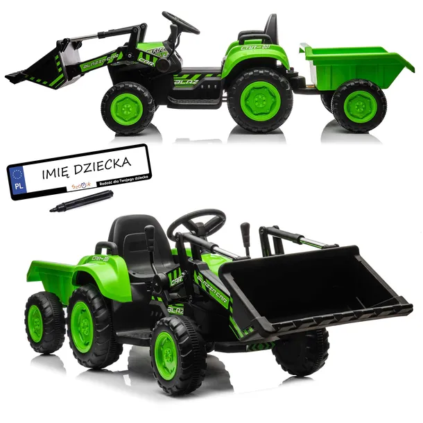 TRAKTOR NA AKUMULATOR dla dzieci + PRZYCZEPKA + ruchomy SPYCH + PILOT LEDy