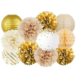 zestaw-dekoracji-girlanda-pompony-lampiony-rozety-biale-zlote-11szt
