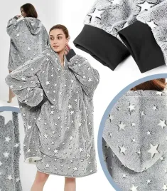 bluzokoc-szary-ponczo-bluza-z-kapturem-kieszen-kangur-polar-w-gwiazdki-over