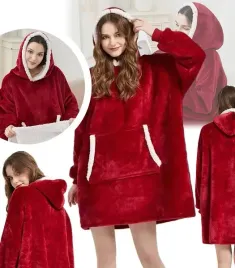 bluzokoc-czerwony-ponczo-bluza-z-kapturem-kieszen-kangur-polar-oversize-100