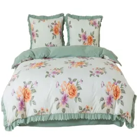 posciel-z-falbanka-160x200-mikrofibra-cotton-world-3-el-zielona-w-kwiaty