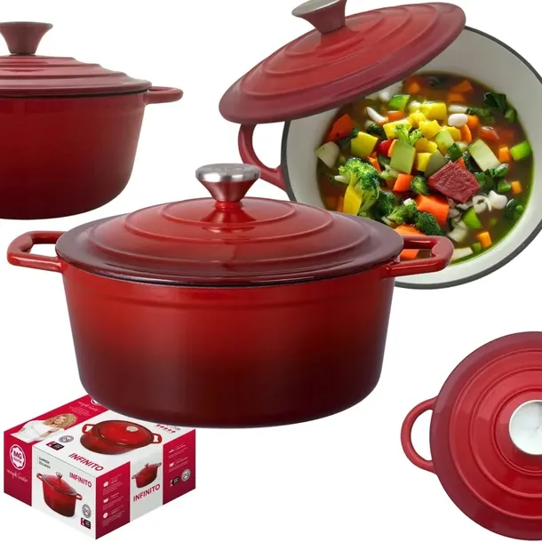 GARNEK ŻELIWNY 4L EMALIOWANY Z POKRYWĄ CZERWONY GAZ INDUKCJA PIEKARNIK 22CM
