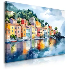 obraz-canvas-do-salonu-akwarele-kolorowe-budynki-wybrzeze-krajobraz-70x50