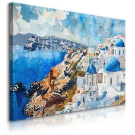 obraz-canvas-do-salonu-krajobraz-santorini-grecja-akwarele-morze-120x80