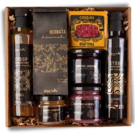 zestaw-kosz-prezentowy-syrop-pomaranczowy-karmelowy-herbata-konfitury-miod