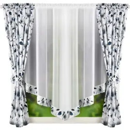 firana-gotowa-woal-2-zaslony-biale-kwiaty-niebieskie-liscie-160x400cm