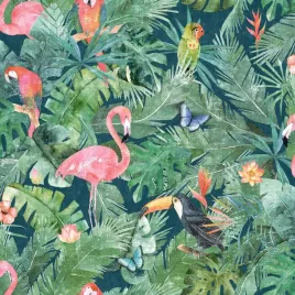 tapeta-dzungla-liscie-kwiaty-flamingi-multikolor-zmywalna