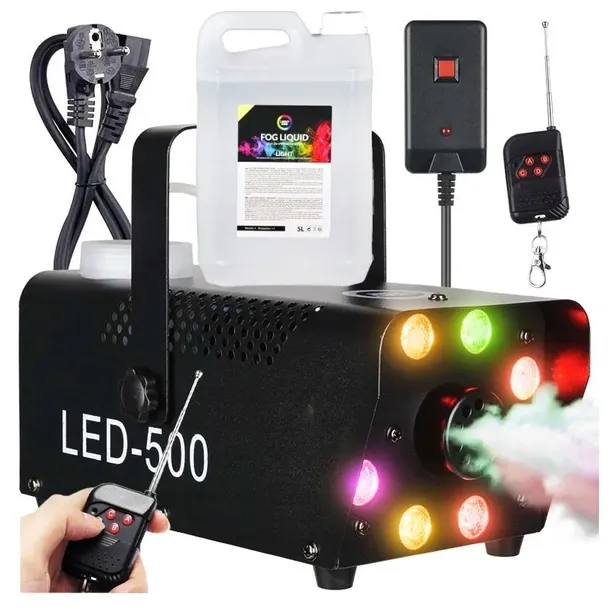 WYTWORNICA DYMU MGŁY 8 DIOD LED RGB MOCNA WYDAJNA 500W PILOT PŁYN 5L LEKKI