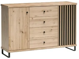 komoda-campa-142-cm-dab-czarny-lamele-szuflady-drzwi-polki-metalowe-nogi
