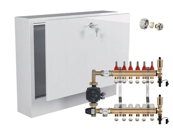 Rozdzielacz do podłogówki 6 z GRUPĄ GRUNDFOS +PEX +SKRZYNKA NATYNKOWA